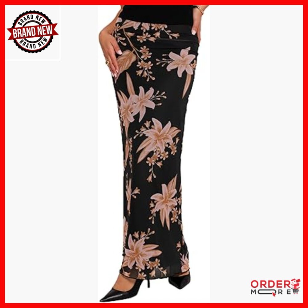 Maxi Skirt High Waisted Elastic Floral Print Polyester Spandex Casual